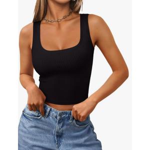 REORIA Womens Basic Square Neck Ribbed Tank Tops Workout Crop Tops 2025 Summer Sleeveless Slim Fit Shirts,L