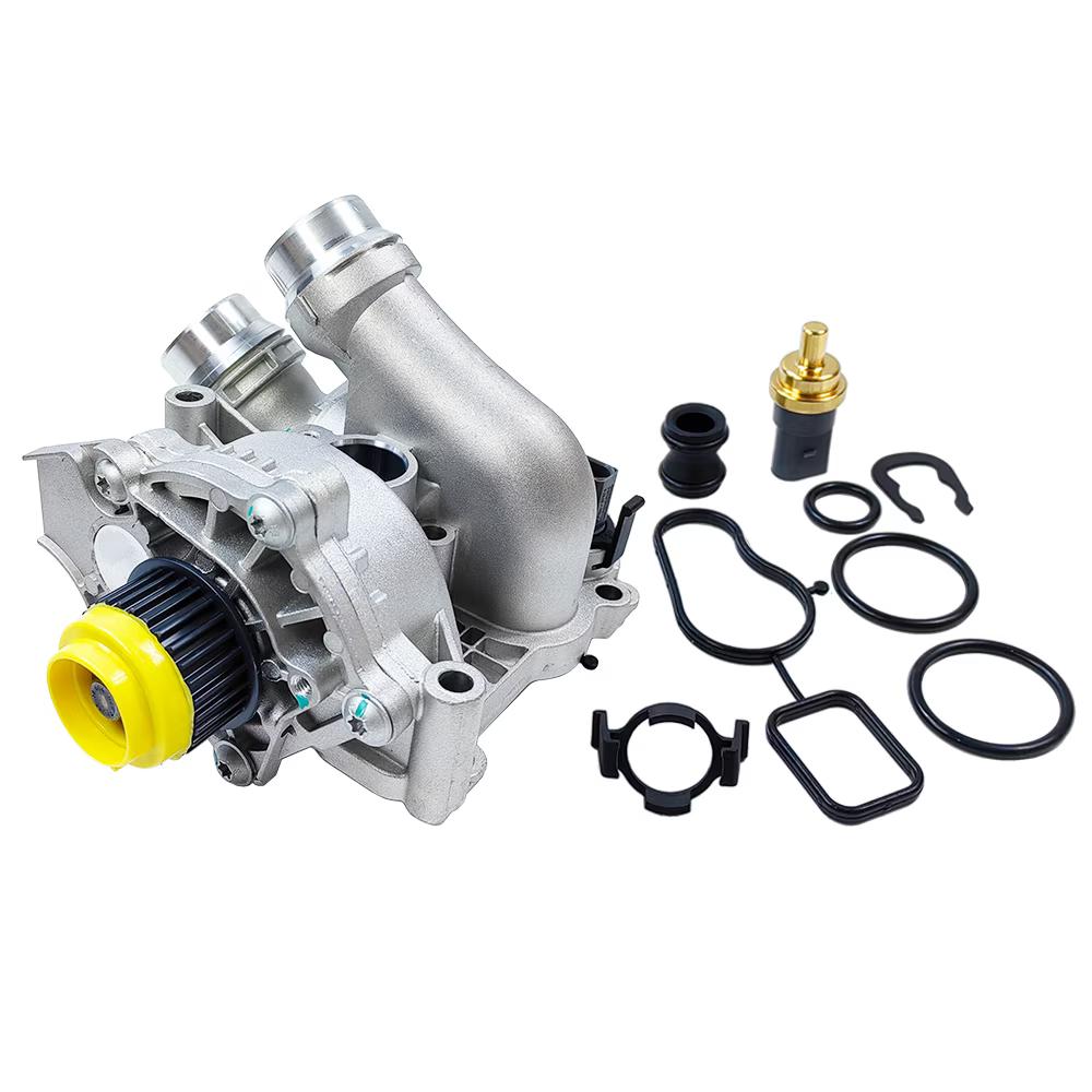 Engine Water Pump Thermostat Housing Assembly Aluminum Compatible with VW Passat Jetta Golf GTI Tiguan CC Eos Beetle Audi A3 A4 A5 A6 Q3 Q5 TT Allroad, Replaces 06H121026AB 06H121026CQ