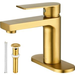 Gold Bathroom Faucet 1 Hole, Single Handle Brass Bathroom Sink Faucet with Deck Plate & Metal Pop-Up Drain & Water Supply Lines Included, Modern Gold Bathroom Vanity Faucet, Brushed Finish (Gold)