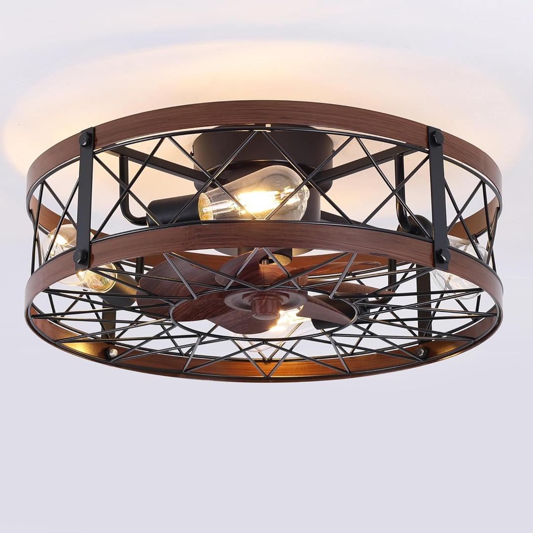 REDSTAR Flush Mount Caged Ceiling Fan with Lights, 20" Small Bladeless Ceiling Fans with Remote, Rustic Low Profile Ceiling Fans Quiet Reversible Enclosed Ceiling Fan for Bedroom Kitchen Farmhouse (Black)