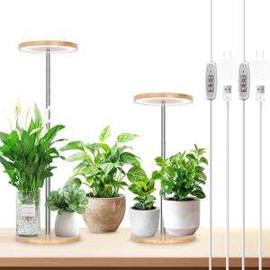 LORDEM Bamboo Grow Light, LED Plant Light for Indoor Plants Growing, Full Spectrum Bamboo Desk Growth Lamp with Automatic Timer for 4H/8H/12H, 4 Dimmable Levels, Height Adjustable, Pack of 2 (2 Pack, Bamboo with Base)