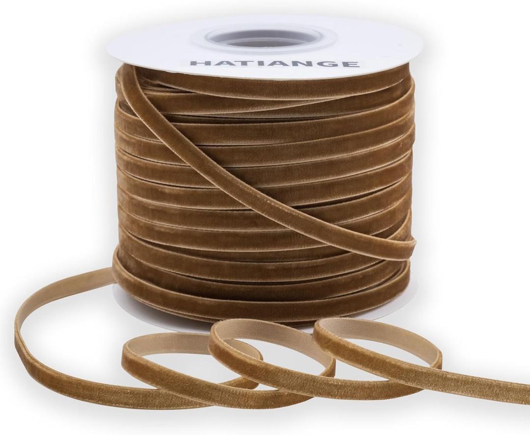HATIANGE Khaki Velvet Ribbon Single Face 1/4 Inch X 50 Yards,for Gift Wrapping, Hair Bows, Choker, Wedding Decorations -50Yds