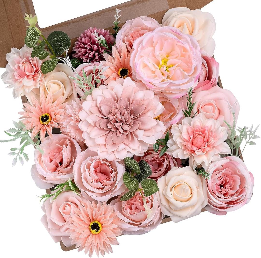 Hot Pink Artificial Flowers Combo, Fake Silk Peonies Roses, Dahlia with Stems for Wedding Bridal Bouquets, Baby Shower, Birthday Party, Table Centerpieces, Home Decor & DIY Floral Arrangements