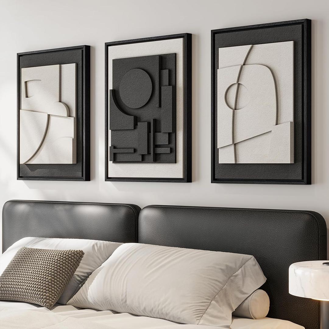 3D Textured Framed Black and White Abstract Wall Art for Bedroom, 3 Piece Modern Paintings Artwork for Walls, Minimalist Black White Geometric Pictures for Living Room, Dining Room Wall Decor 16x24 In, 16"w X 24"h X 3pcs