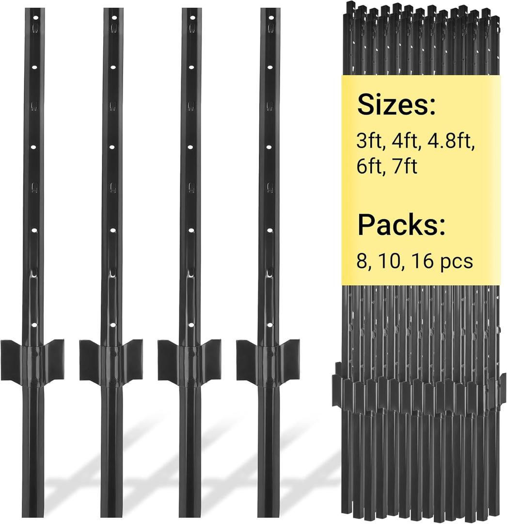 Fence Posts 7 Ft - 16 Pack, Requires Manual Assembly, Heavy Duty Metal Fence Post, No Dig U Post for Farm, Garden, Orchard and Outdoor Wire Fencing (Black)