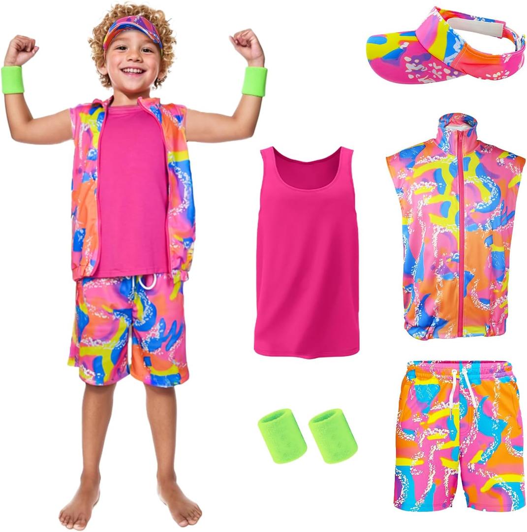 80s 90s Outfit for Kids,5 Pieces Workout Costume Halloween Party Cosplay Dress Up for Boys