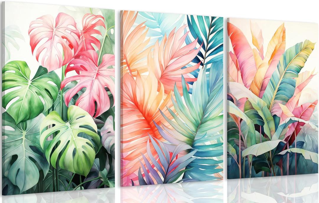 3pcs Framed Tropical Botanical Canvas Wall Art Monstera Leaves Posters Botanical Prints Bohemian style Wall Decor Pictures Palm Leaves Paintings for Bathroom living room Decoration (Colorful)