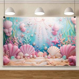 AOFOTO 10x8ft Baby Girl Underwater World Birthday Backdrop Cartoon Pink Undersea Ocean Seashell Sunlight Water Grasses Little Girl Room Decor Wallpaper Princess Kids Baby Shower Party Table Banner