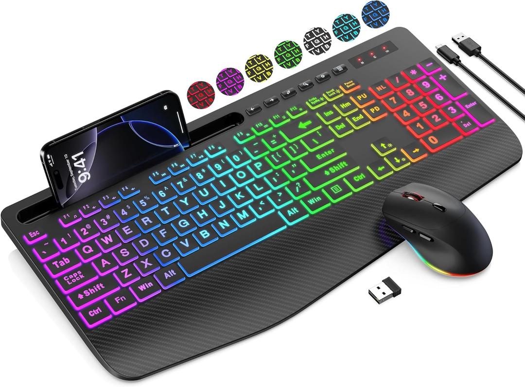 SABLUTE Wireless Keyboard and Mouse Combo, 9 Backlit Effects, Large Print, Wrist Rest, Phone Holder, 2.4G Lag-Free Ergonomic Keyboards, KM22 MAX Rechargeable Easy to See Set for Computer, Laptop, PC (Textured Black)