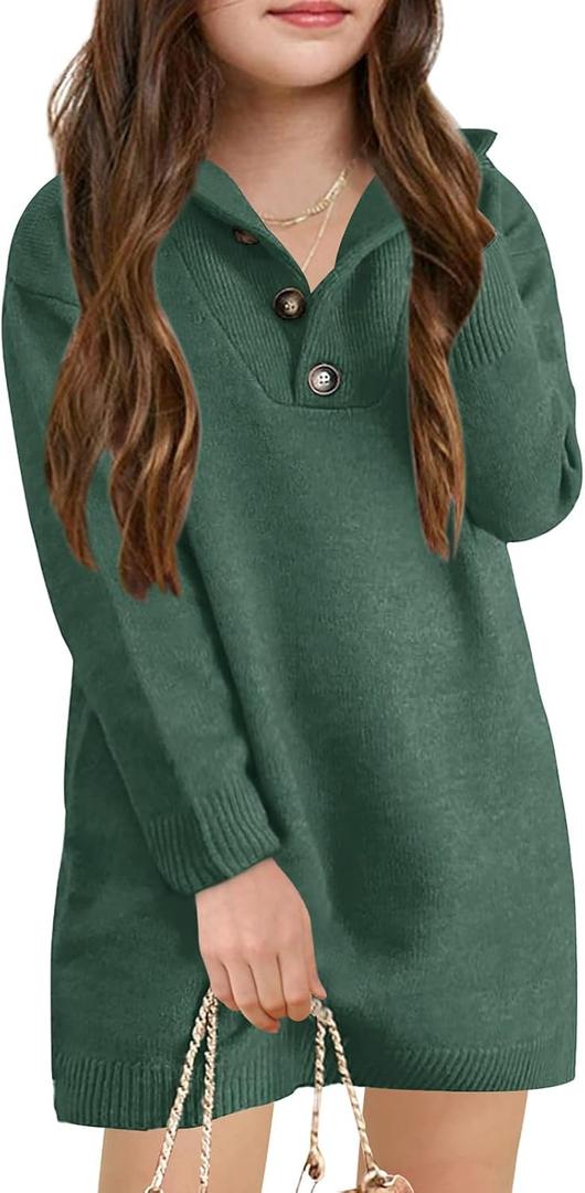 Meikulo Girls Sweater Dress Long Sleeve Knitted Button Up Dress Kids Pullover Fall Dresses 5-14 Years (Green)