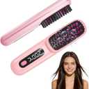 Go Brush Pro 2026, Portable Straightener Brush for Travel, with LCD Temperature Display, Fast Heating Cordless Mini Hair Brush (Pink)