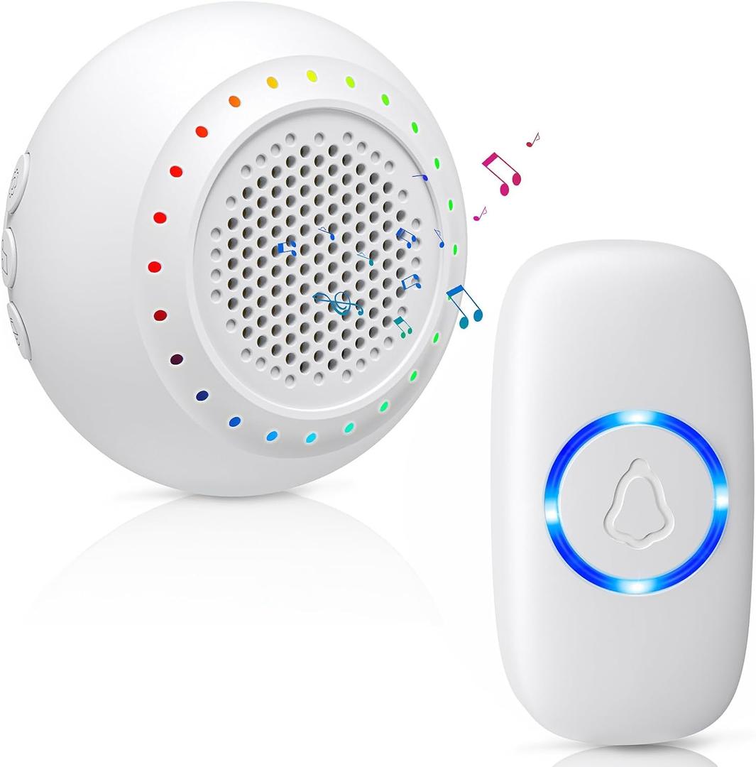 Wireless Doorbell, PHYSEN Classroom Doorbell Door Bells Ringer Chimes Wireless, 1000ft Range, 48 Ringtones, 4 Volume Levels, Colorful LED Flash, Waterproof Door Bell Kits for Home Classroom Kids Room (1 Button+1 Receiver, A-White1 Button+1 Receiver)