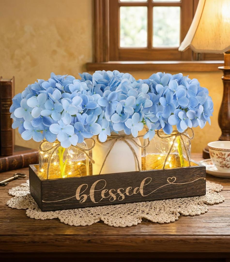 Farmhouse Mason Jar Table Centerpiece with Blue Hydrangea Flowers, Lighted Artificial Floral Arrangement with Wood Tray, Rustic Table Decor for Kitchen Coffee Table Living Room Home