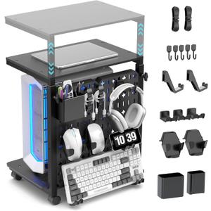 Computer Tower Stand with Pegboard Organizer, Height Adjustable 2-Tier PC Tower Shelf for Floor with Accessories, CPU Holder Cart with Locking Wheels for Most PC Gaming Home Office, 24.2-29.5"