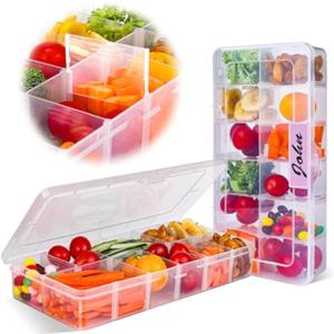 AIERSA (2 pack Snack Box Container for Adults-12 Compartments, Adjustable Divided Snackle Box, Bento Box Accessories with 60 Labels, Snack Boxes for Travel, Work, Clear (2PCS-10.28"x5.16"x1.69"-12 Compartments)
