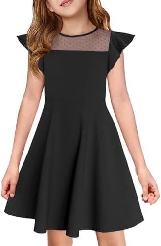 Haloumoning Girls Dress Summer Ruffle Sleeve Mesh A Line Casual Party Dresses with Pockets for Kids, Size: 9-10 Years