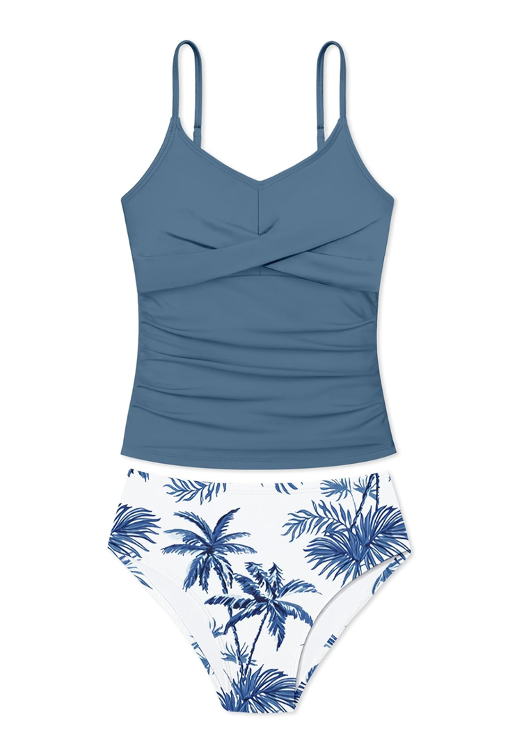 Girls Swimsuit 2 Piece Bathing Suit Criss Cross Ruched Girl Tankini Sets Printed Girls' Swimwear for 13-14 Years