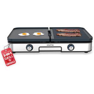 Gourmia 3-in-1 Indoor Grill/Griddle Electric Combo - 250-400F Adjustable Dual Cooking Zones with Removable Nonstick Reversible Ceramic Plates - Non Toxic Dishwasher Safe Countertop Kitchen Appliances