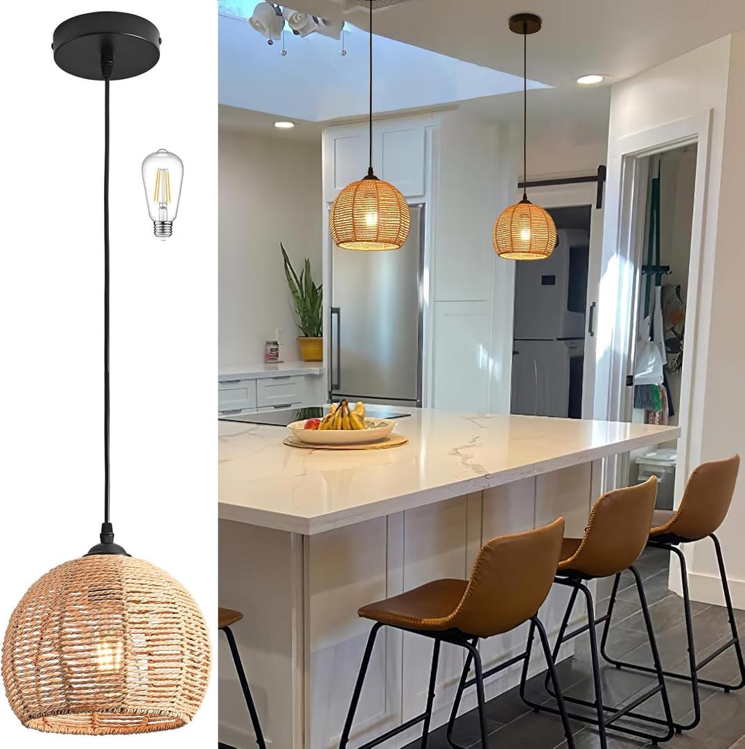 Mini Hemp Rope Woven Pendant Light Woven Light Fixture Boho Chandelier Light Fixture Wicker Pendant Light Rattan Light Pendant Dome Wicker Chandelier for Bedroom Kitchen Island(Bulb Incl.) (8.7" Natural)