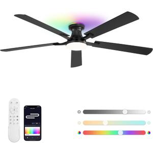 ZMISHIBO 60 Inch Ceiling Fans with RGB Lights, Low Profile Flush Mount Ceiling Fan with App&Remote Control, Dimmable 20W LED Light, Black Modern Fan for Living Room, Bedroom, Game Room