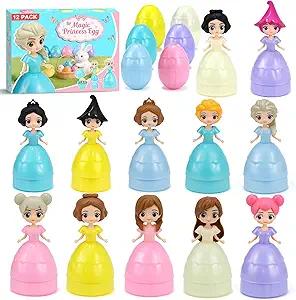 Manaror 12PCS Pre Filled Easter Eggs Gifts for Kids with Transforms into Princess Toys Easter Basket Stuffers Easter Eggs Hunt Easter Party Favor Prize Classroom Rewards Toys for Girls