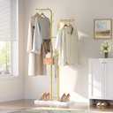 Gold Coat Hanger Stand, Floor Standing Coat Rack, Entryway Coat Tree with 8 Hooks and Marble-Look Base, Modern Double-Pole Metal Clothes Rack for Entrance, Living Room, Bedroom, YM02DW