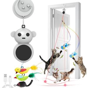 Interactive Cat Toys for Indoor Cats: 2 in 1 Laser Pointer Cat Toy with Automatic Flying Bird & Mouse Wand, Smart Motion Mode Adjustable Speed, USB Rechargeable Safe for Bored Kittens and Adult Cats (Grey)