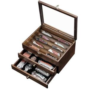 Knife Display Case, Knife Collection Display Holder with Glass Lid, 3-Layer Wooden Pocket Knife Case with Drawers