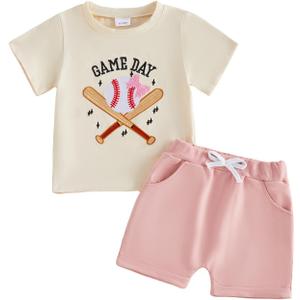 Toddler Baby Girl Game Day Outfit Summer Clothes Ball Theme Embroidery Short Sleeve T-Shirt Shorts 2Pcs Set (Pink)