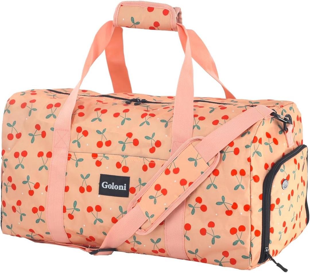 Goloni Cute Duffle Bag for Women, Gym Bag with Shoe Compartment, Lightweight Weekend Travel Duffel Bag,Overnight Bag with Wet Pocket (Cherry)