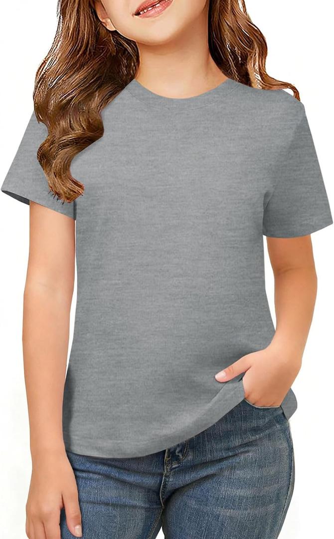 ZDC Girls Short Sleeve Shirts Crewneck T Shirts Kids Summer Tops Basic Tees 5-14 Years (Gray)