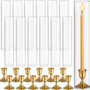 Teenyyou 12 Set Glass Hurricane Candle Holders 11.8" Open Ended Glass Candleholder Tube Shape Bottomless and 1.3" Taper Candlestick Holders for Wedding Party Table Centerpiece (Gold)