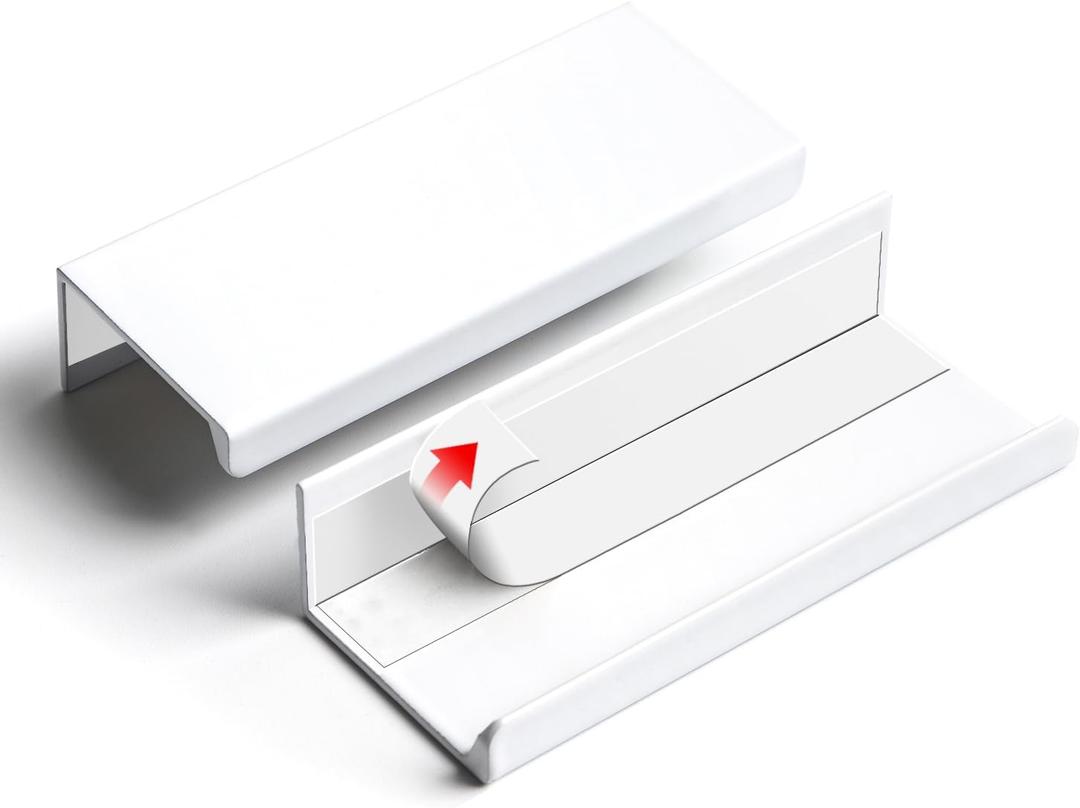 5 Pack 3 inch self Adhesive Cabinet pulls Cabinet Finger pulls Bright White Adhesive Cabinet Handles Concealed Finger pulls for cabinets Drawer pulls Stick on Handles Edge Seam Flat Handles