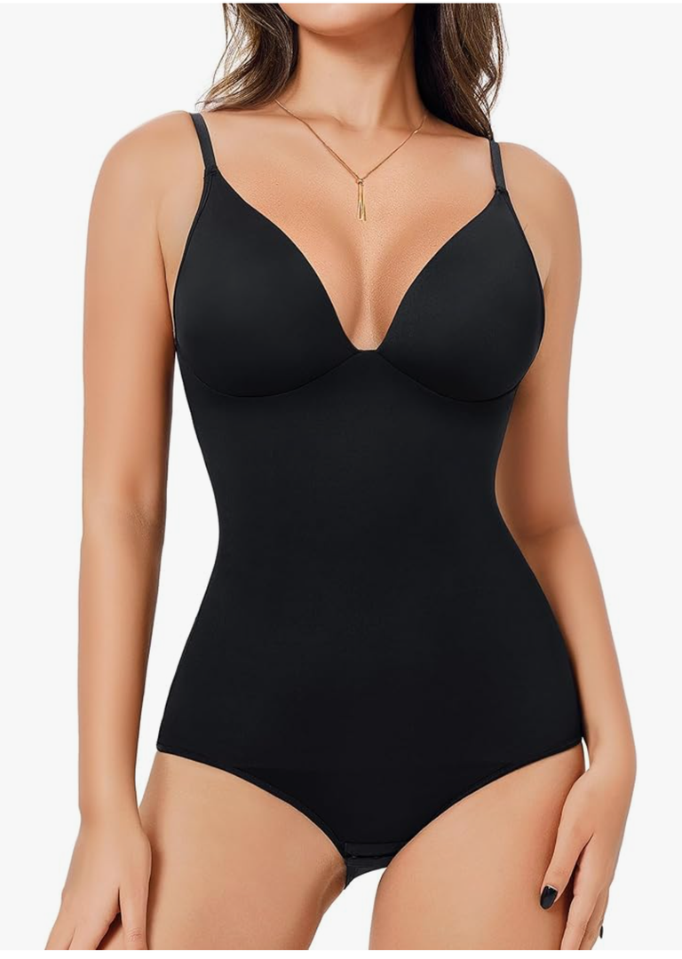 Women's Plunge Deep V Neck Bodysuits with Built in Bra Sleeveless Double Lined Body Suits Tops Size L
