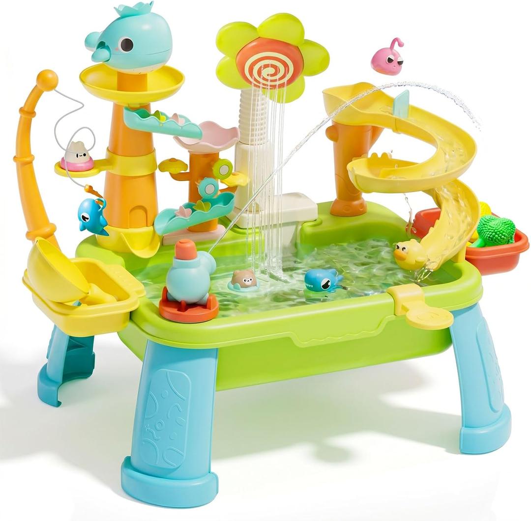 Upgraded 4-in-1 Sand Water Table for Toddlers 1-3, Kids Sensory Table with Electric Water Pump & Sun Flower Faucet, Play Kitchen Sink with Food Accessories, Fishing Toy Adjustable Height