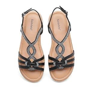 Saidoteto Women's Wide Flat Sandals, Casual Open Toe Strappy Slip-on Summer Dressy Platform Sandals with Sparkling Rhinestones. Size 7 Black WSD240809-02