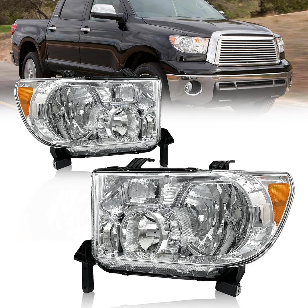 for 2007-2017 Toyota Headlights Compatible With 07-13 Toyota Tundra / 08-17 Toyota Sequoia Headlight Replacement Chrome Housing Amber Reflector Headlamp Pair