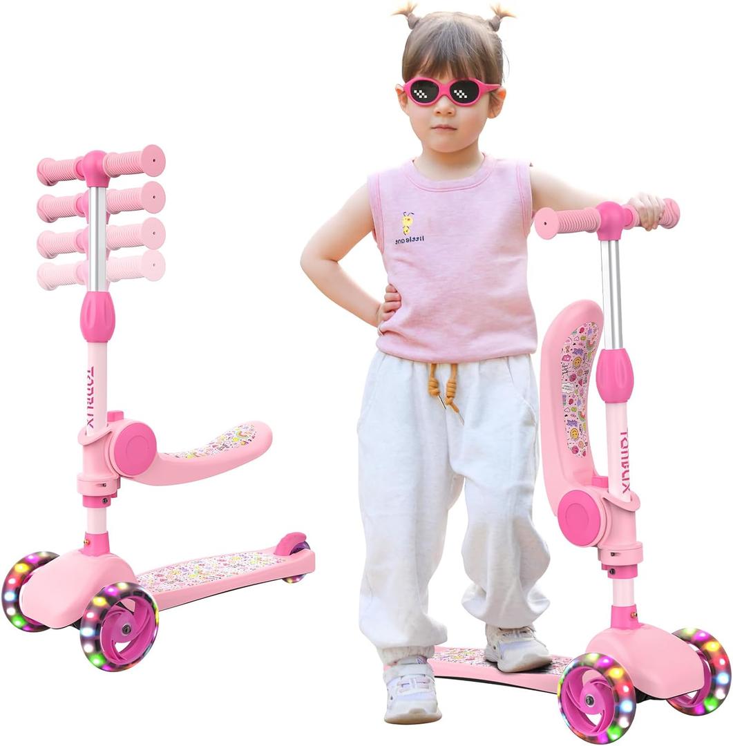 TONBUX Kids Scooter with Seat, 3 Wheels Scooter with PU Luminous Wheels, Non-Slip Handle and Wide Deck, Sensitive Brakes, 4-Level Adjustable Height, Scooters for Kids 2–8 Years