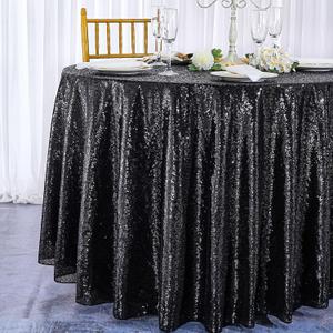 QueenDream Round Tablelcoth Black Party Decorations: 90 Inch Table Cloth Sequin Fabric Overlay for Indoor and Outdoor Dining Parties