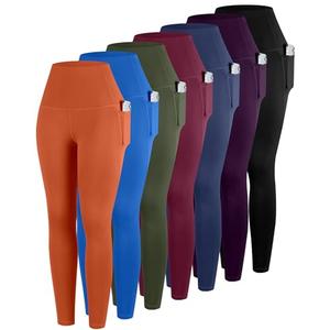 ATHVOTAR Leggings with Pockets for Women, 6 Packs High Waisted Workout Tummy Control Yoga Pants Black/Navy/Burgundy/Army Green/Sparkle Blue/Deep Purple/Orange 2XL