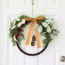 12 Inch Olive Norfolk Pine Christmas Wreath with Wooden Bead Bell Christmas Kitchen Cabinet Wreath for Front Door Farmhouse Rustic Xmas Artificial Door(Khaki,Rustic)
