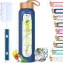 Aqulea Glass Water Bottles 25 Oz with Silicone Sleeve - BPA Free Reusable Wide Mouth Glass Motivational Water Bottles with Fruit Infuser  Leak Proof Borosilicate Water Bottle with Time Marker (Blue)