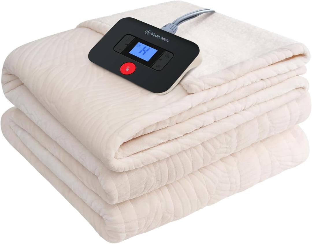 Westinghouse Electric Blanket Full, Flower Jacquard Heated Blanket Full Size with 10 Heating Levels and 1-12 Hours Auto-Off, Flannel to Sherpa Reversible, Machine Washable (72" x 84", Beige)