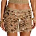 MakeMeChic Women's Crochet Sequin Saparkly Mini Skirt Beach Cover Up Low Waist Party Y2k Skirts Swimsuit Coverup (Khaki, Small)