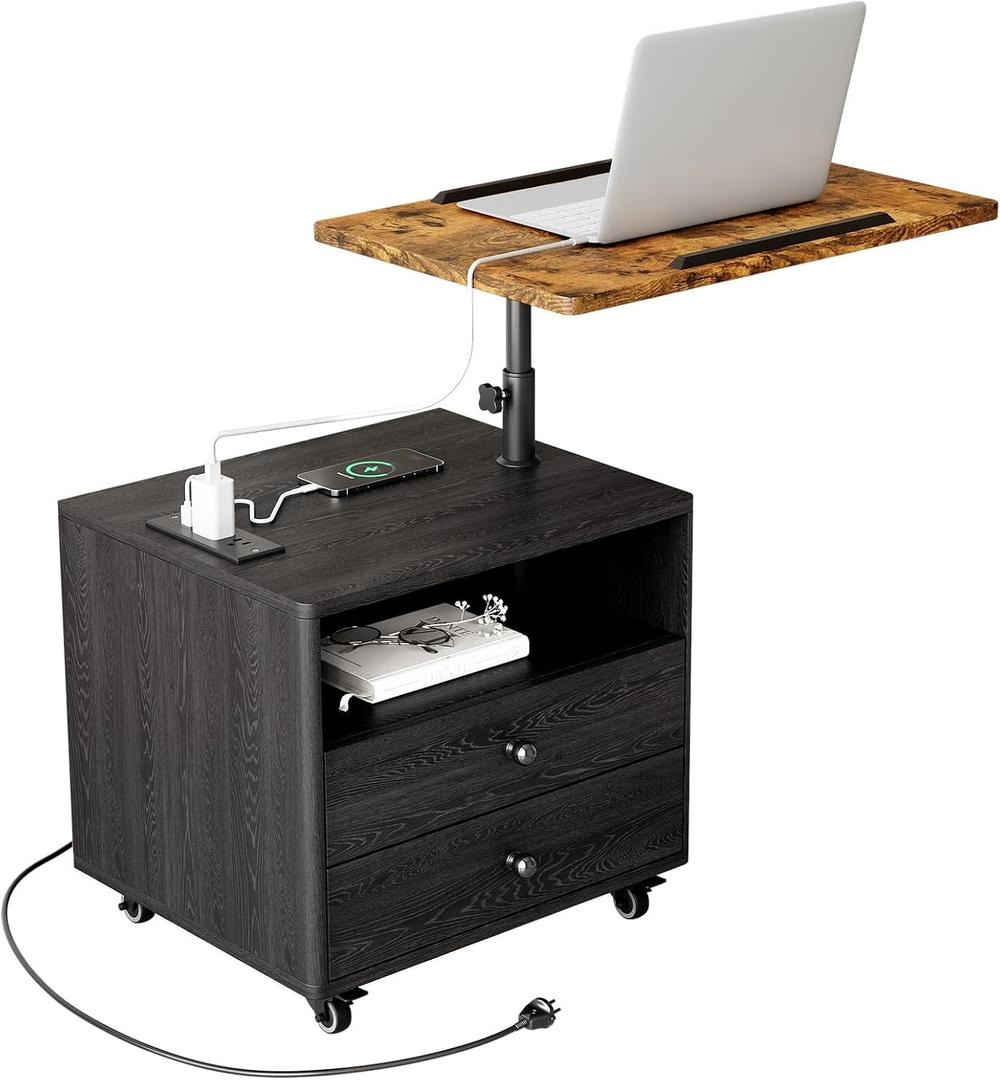 Bedroom Nightstand with Drawers & Charging Station, Adjustable Height Bedside Table with Wheels, Wooden Small Sofa Side Tables with Storage for Living Room, Black Brown