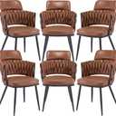 BFZ Dining Chairs Set of 6, Mid-Century Modern Dining Chair, Retro Faux Leather Kitchen Dining Room Chairs, Hand Weaving Upholstered Dining Chairs with Metal Legs for Dining Room, Kitchen, Living Room (Brown)