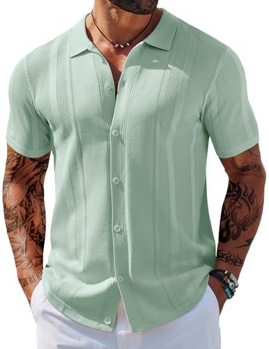 COOFANDY Men's Knit Short Sleeve Shirts Button Down Vintage Knitted Polo Shirt Casual Beach Crochet Cable Vacation Shirt Ice Green, Small