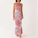 Women Floral Tube Maxi Dress with Scarf Summer Strapless Tube Bodycon Mesh Layer Cocktail Party Wedding Guest Dress, S