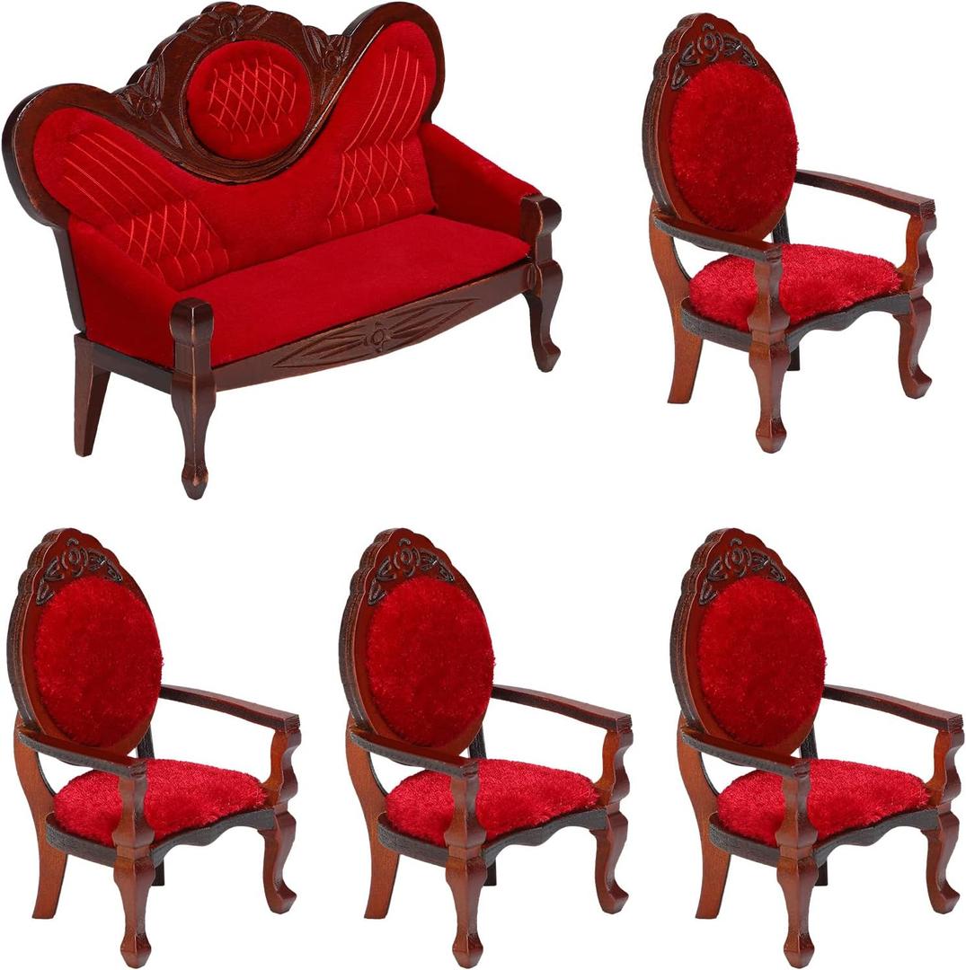 5 Pcs 1:12 Miniature Dollhouse Furniture, Include Vintage Red Wooden Carved Sofa Couch 4 Pcs Wooden Carved Single Sofa Chairs Retro Red Armchairs for Living Room Bedroom Kitchen Birthday Decoration