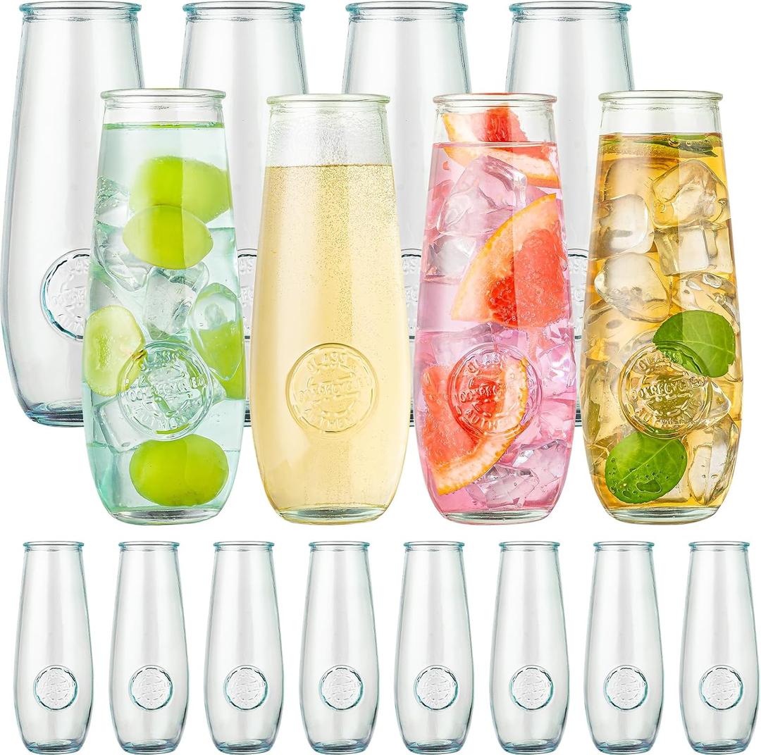 Stemless Champagne Flutes Set of 16, 10 oz Champagne Glasses, Toasting Glasses, Prosecco Mimosa Glasses, Made Of Recycled Glass, Embossed Stemless Champagne Flutes for Wedding, Party, Easter